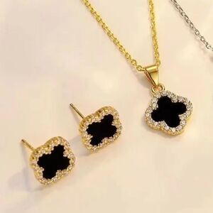 18K Gold Plated Black Diamond Clover Necklace & Earring Set